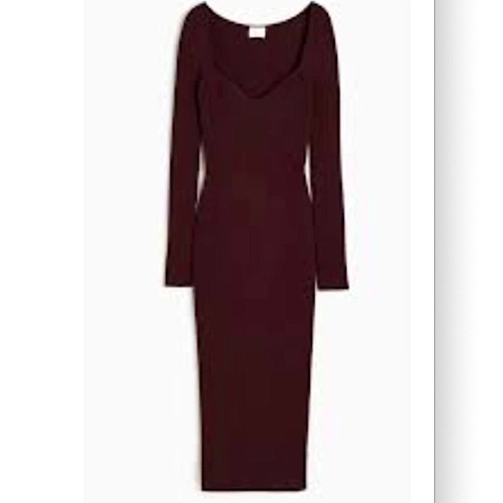 NWOT H&M RIB-KNIT SWEETHEART BURGUNDY MIDI DRESS, SIZE S